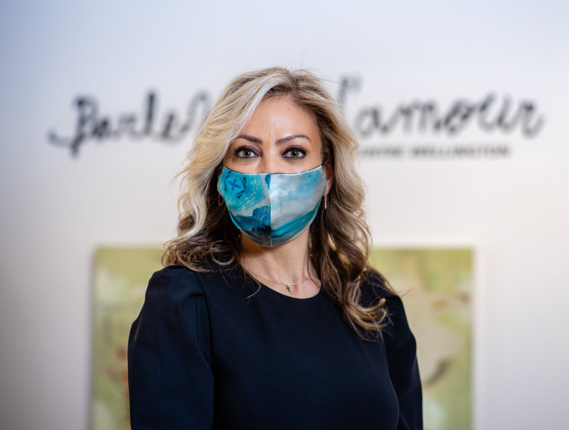 Andrea Soueidan Wears Nathon Kong Blue Silk Face Mask Made in Quebec