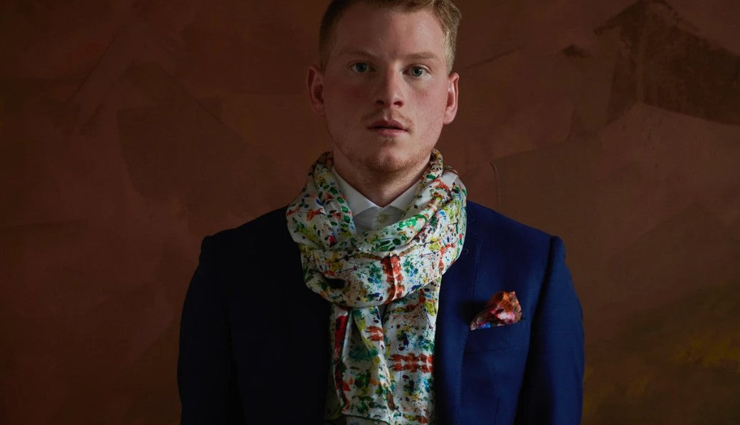 Men's Silk Scarf with Suit with Limited Edition Art by Sergio Larenas